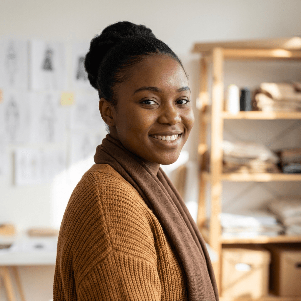 Neema J. smiling in a sunlit room