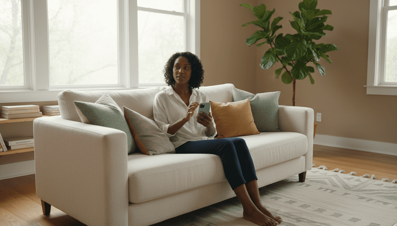 Woman having a telemedicine video call from her sofa in a bright living room