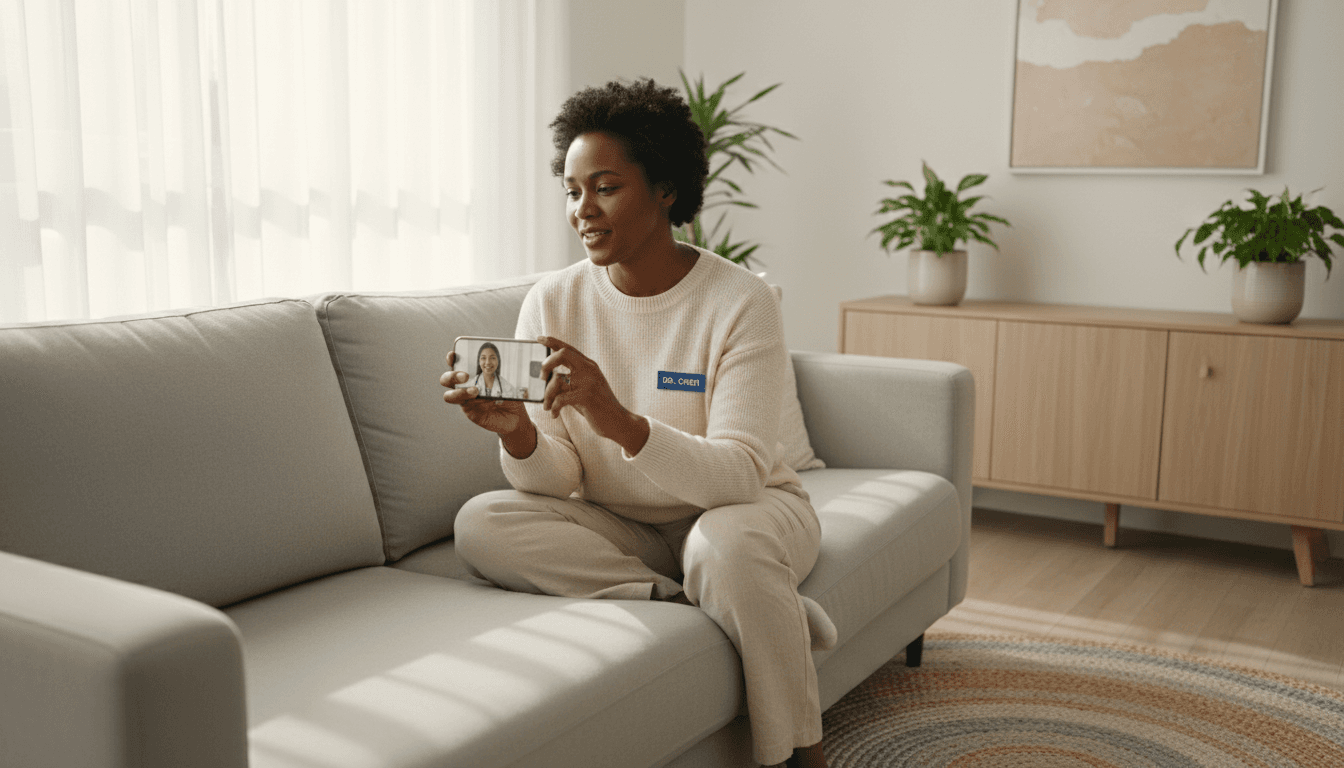 Woman having a video consultation with a doctor from her couch