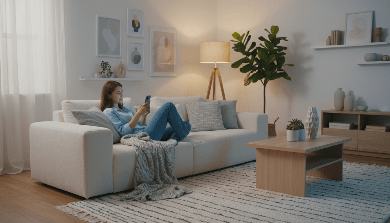 Woman having a telemedicine video consultation from her living room sofa