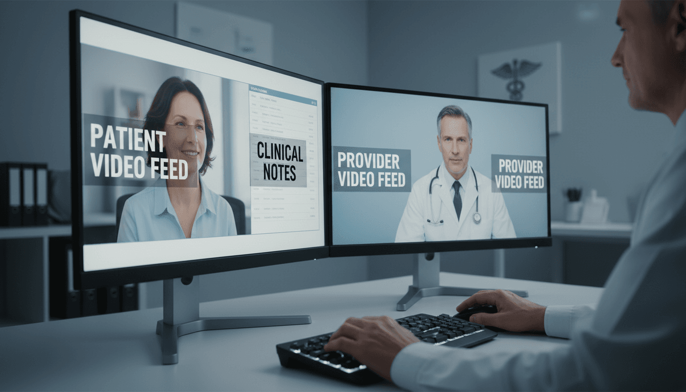Split-screen monitor view showing healthcare provider and patient video call during secure telehealth consultation session